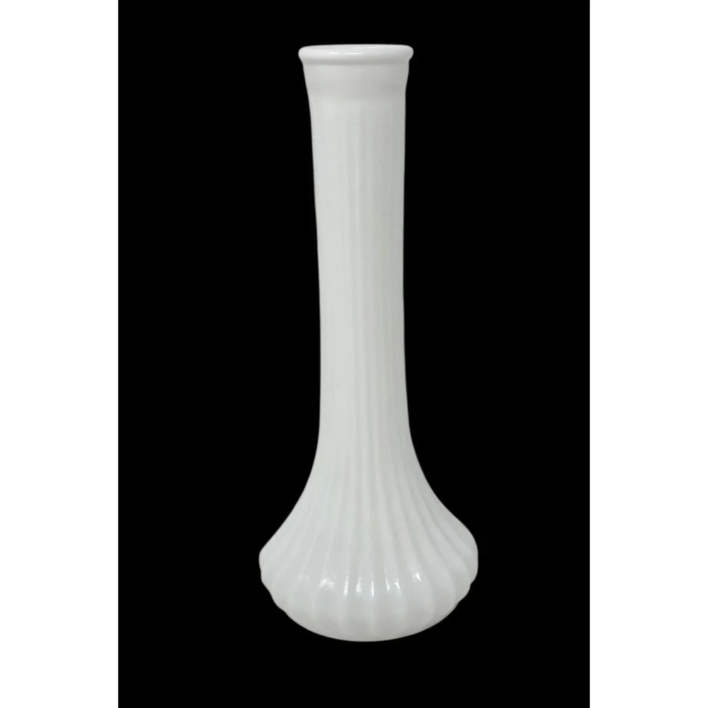 Vintage Hoosier Elegant White Milk Glass #4096 Long Stem Ribbed Bud Vase 9
